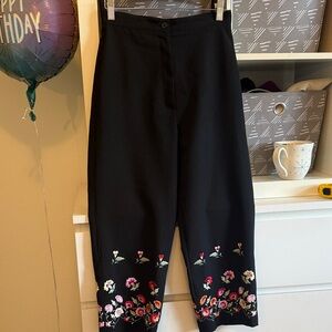 Black Capris with Floral Embroidery
